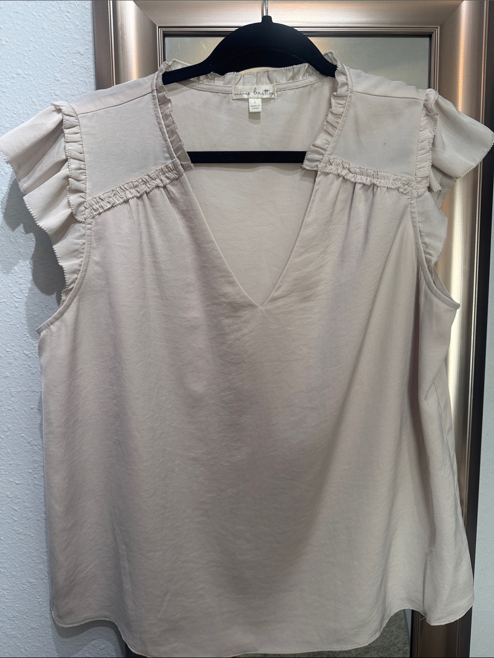 nine britton Soft Cream Ruffle-Trim V-Neck Top